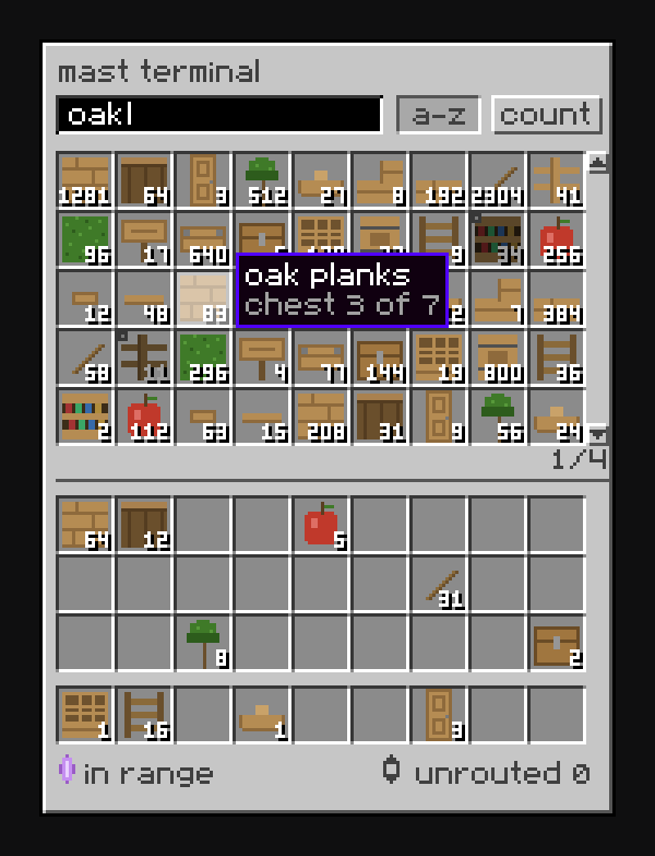 the terminal, mocked up ahead of the gui pass -- search, sort, a chest's address in the tooltip